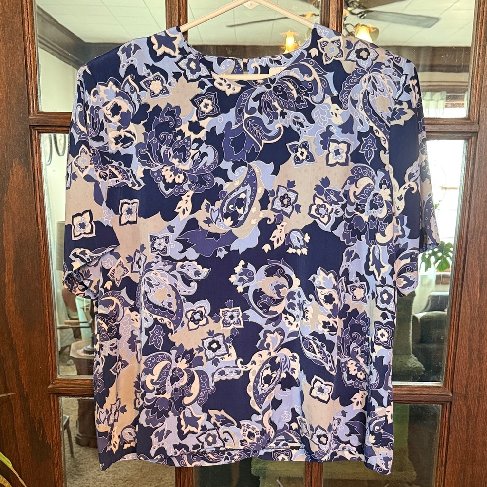 Graver Studio Womens XL Blue‎ Paisley Floral Short Sleeve Blouse A25481 USA Made